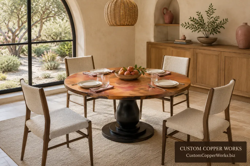 Custom round table, anna single pedestal — Hammered copper top, Anna poplar pedestal, distressed chocolate.
