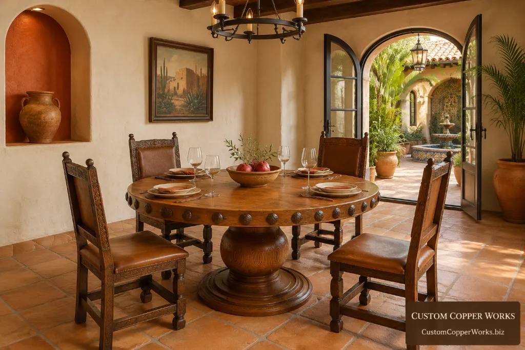 Custom round hacienda table with conchas — Hammered copper top, Jenna oak pedestal, Spanish hacienda, by Custom Copper Works.