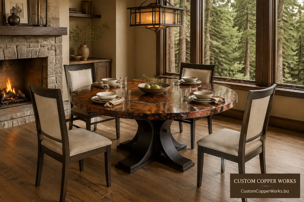 Custom round table, carlota curved oak — Hammered copper top, Carlota curved oak pedestal, contemporary.
