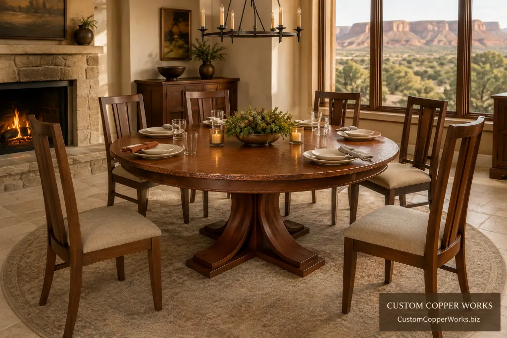 Custom round rustic table, rebecca alder — Hammered copper top, conchas, Rebecca rustic alder pedestal.