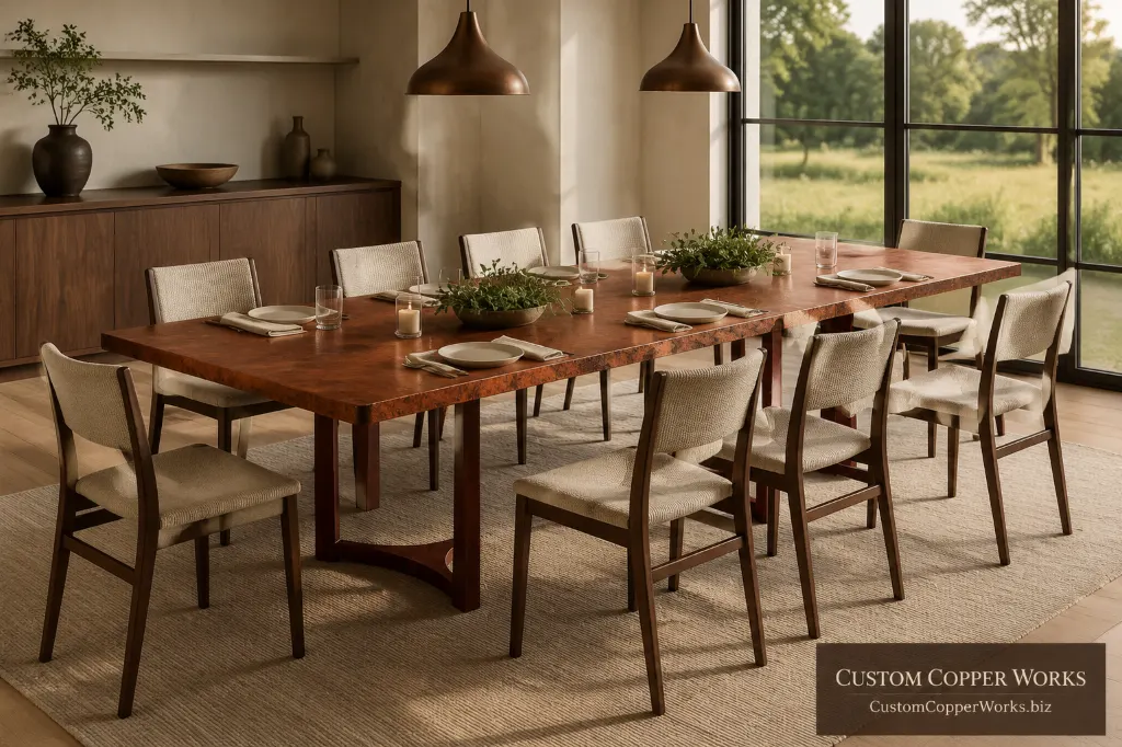 Custom rectangular table, natalia double base — Hammered copper top, Natalia alder double pedestal, simple.
