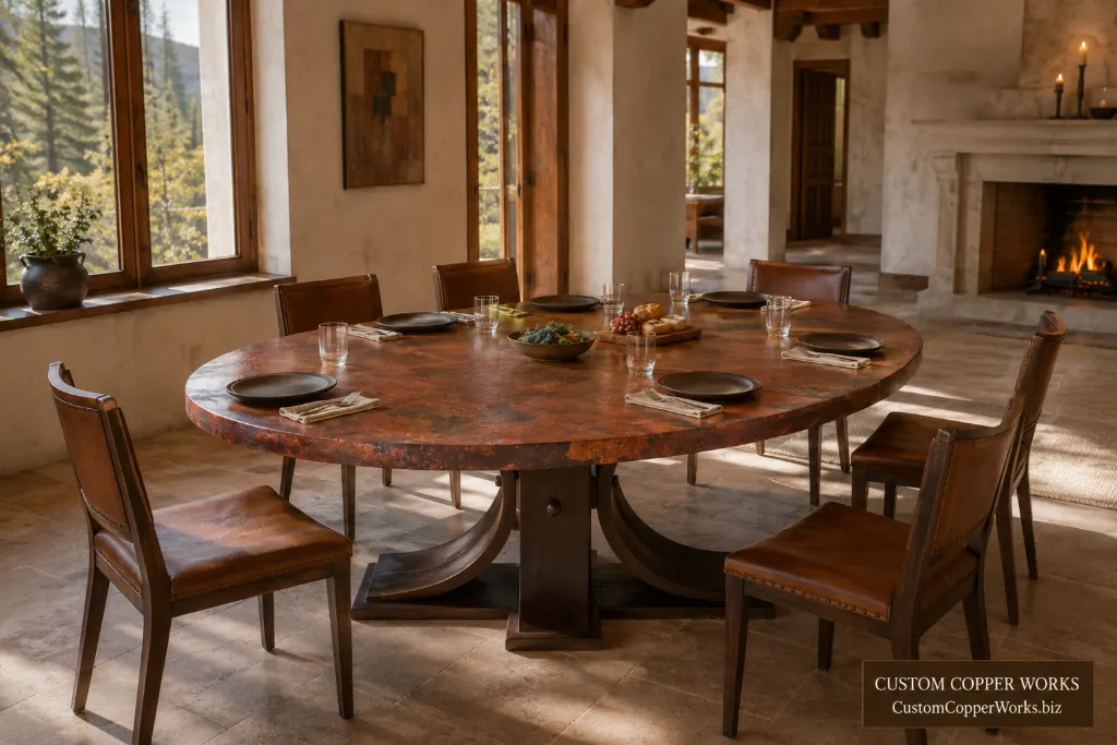 Custom oval table, carlota wood base — Hammered copper top, Carlota wood table base, oval, by Custom Copper Works.