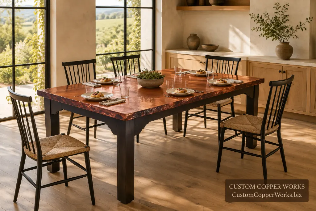 Custom farmhouse table, dark walnut alder — Hammered copper top, farmhouse alder base, dark walnut, by Custom Copper Works.