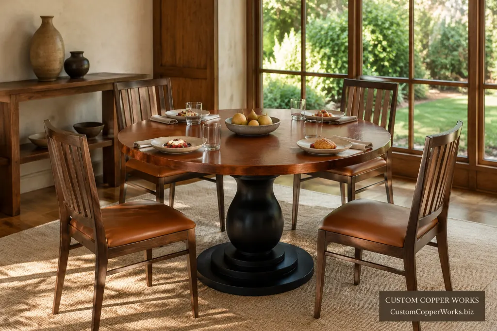 Custom round table, anna turned poplar — Hammered copper top, Anna turned pedestal, almost black, by Custom Copper Works.