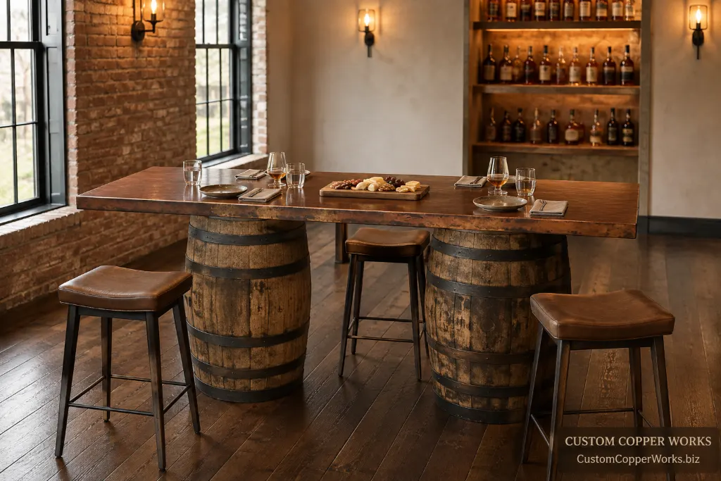 Custom whiskey-barrel bar table — Hammered copper top, antique whiskey-barrel base, bar height, by Custom Copper Works.
