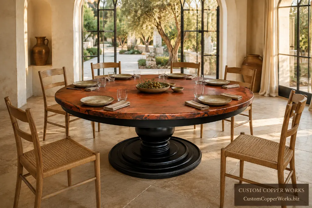 Custom round table with pedestal and apron — Hammered copper top, wood pedestal base, wood apron, by Custom Copper Works.