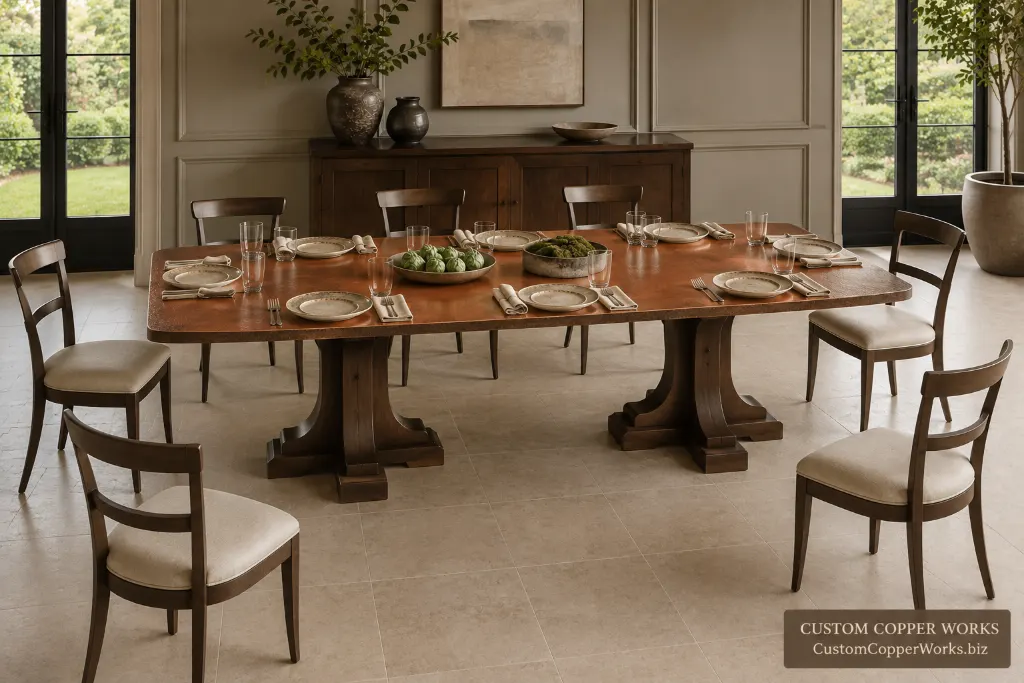 Custom rectangular table, carlota tzalam — Hammered copper top, Carlota double pedestal, Tzalam hardwood.
