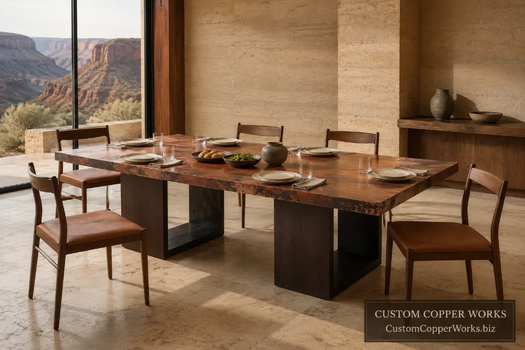 Custom rectangular table, ramona double cube — Hand-hammered copper top, Ramona double-cube wood base.