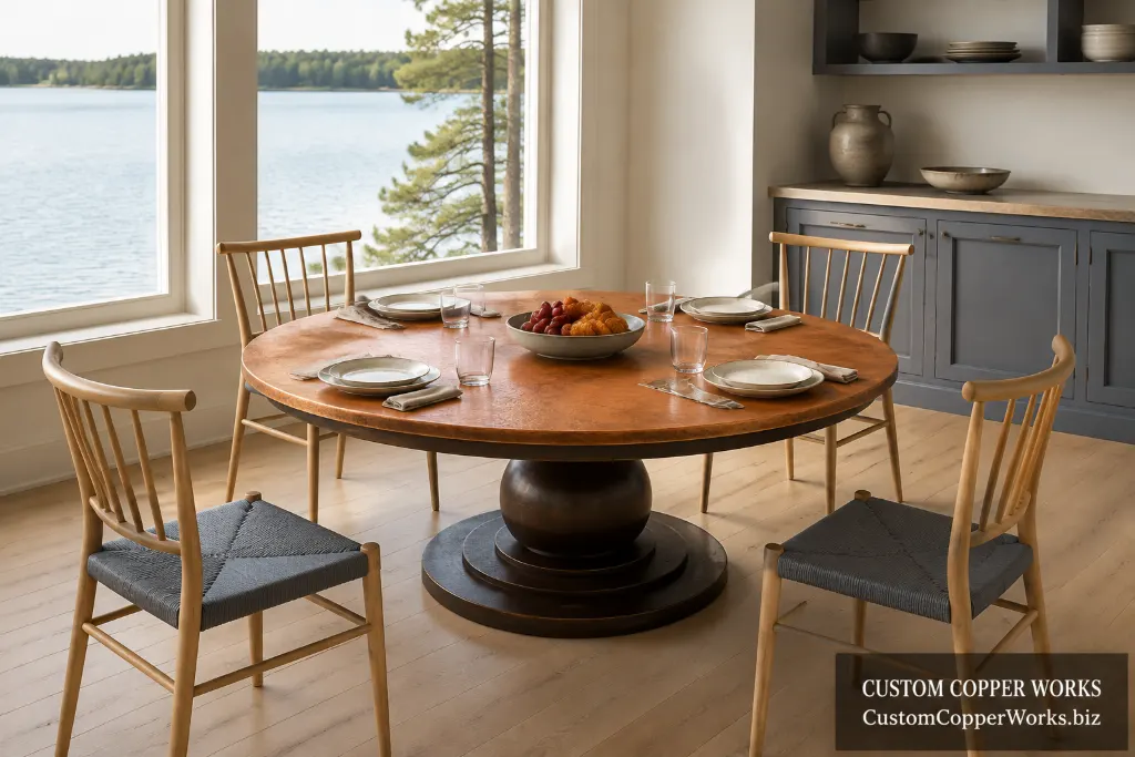 Custom round table, distressed anna and apron — Hammered copper top, distressed Anna pedestal, wood apron.