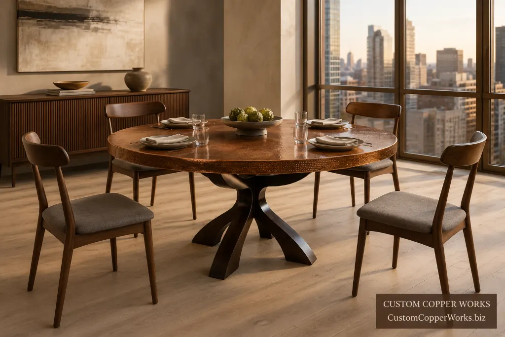 Custom round table, itzel geometric base — Hand-hammered copper top, Itzel geometric alder base, by Custom Copper Works.