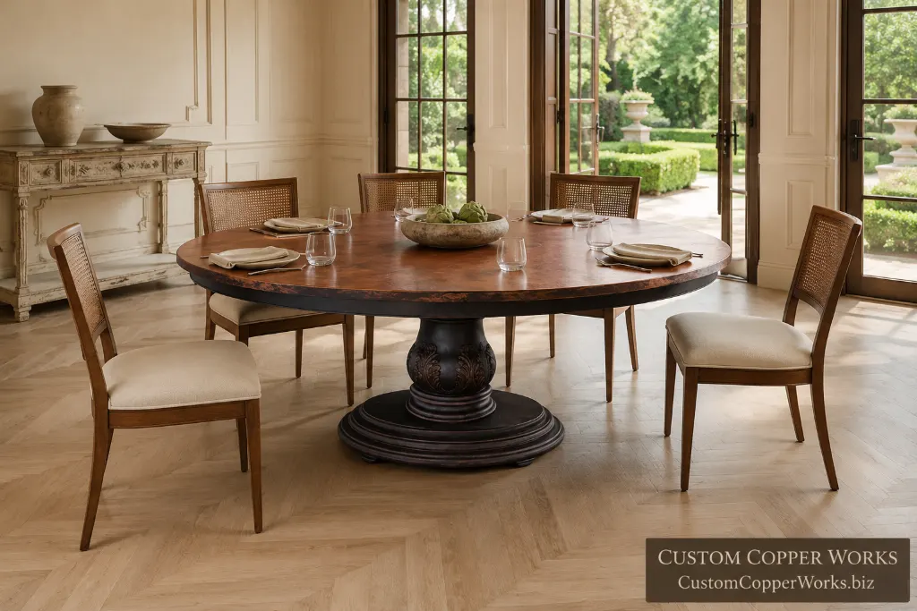Custom oval table, christina carved and apron — Hammered copper top, hand-carved Christina pedestal, apron.