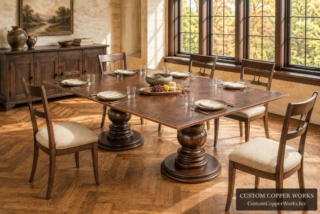 Custom hand-embossed table, samma double base — Hammered copper top, hand embossing, Samma double pedestal.