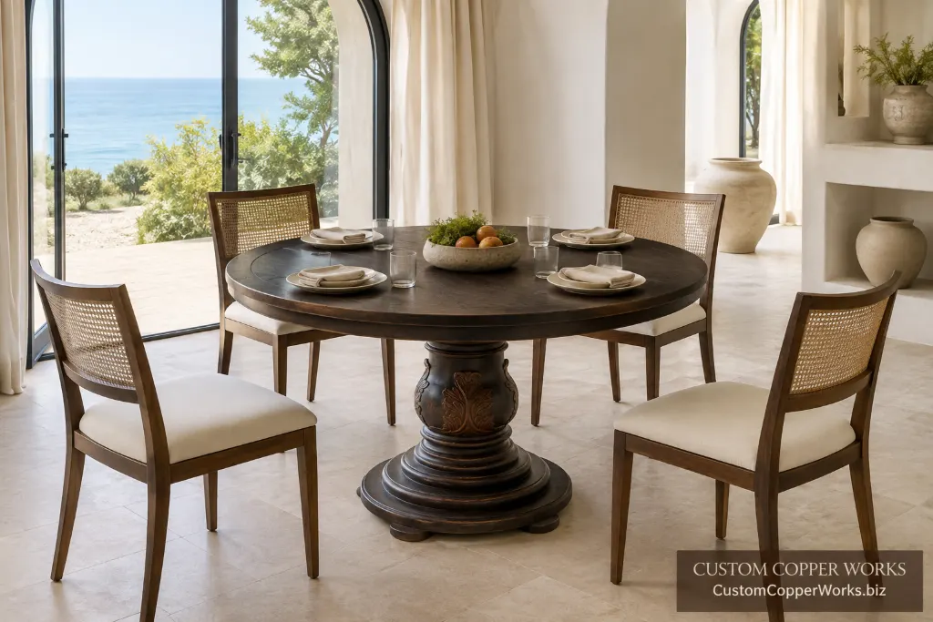 Custom round table, christina carved and apron — Hammered copper top, hand-carved Christina pedestal, apron.