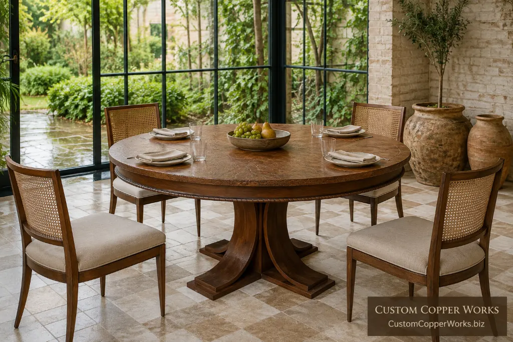 Custom round table, carlota carved apron — Hammered copper top, Carlota wood pedestal, hand-carved apron.