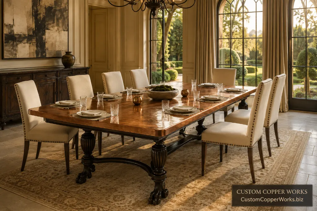 Custom rectangular table, antique wood base — Hammered copper top, traditional antique wood base, by Custom Copper Works.