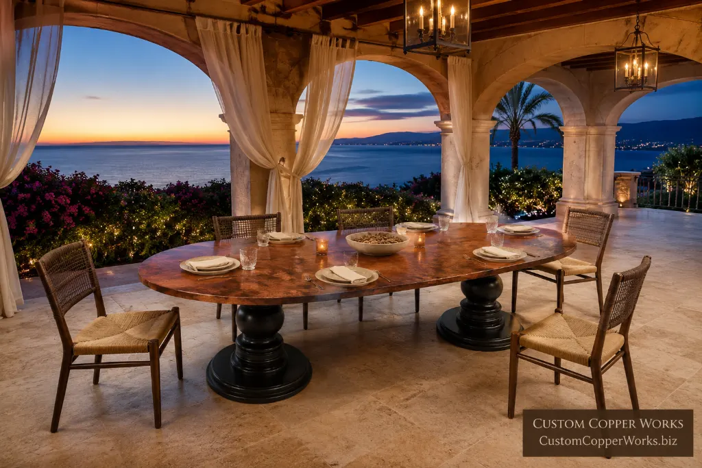 Custom oval table, samma double pedestal — Hammered copper top, Samma double wood pedestal, oval, by Custom Copper Works.
