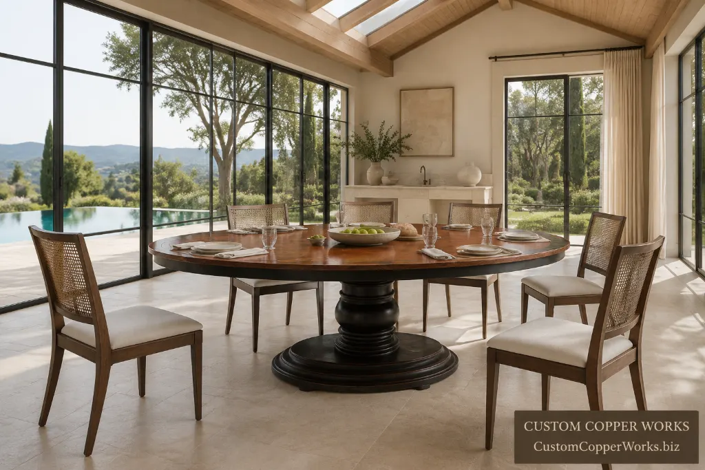 Custom oval table, christina pedestal and apron — Hammered copper top, Christina wood pedestal, wood apron.