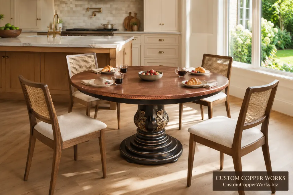 Custom round table, christina carved pedestal — Hammered copper top, hand-carved Christina wood pedestal.