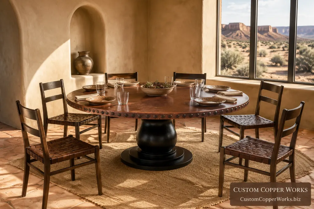 Custom round table with conchas, anna pedestal — Hammered copper top, decorative conchas, distressed Anna base.