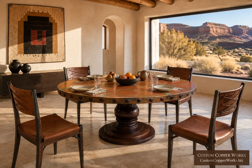 Custom round table, jenna pedestal and conchas — Hammered copper top, Jenna wood pedestal, decorative conchas.