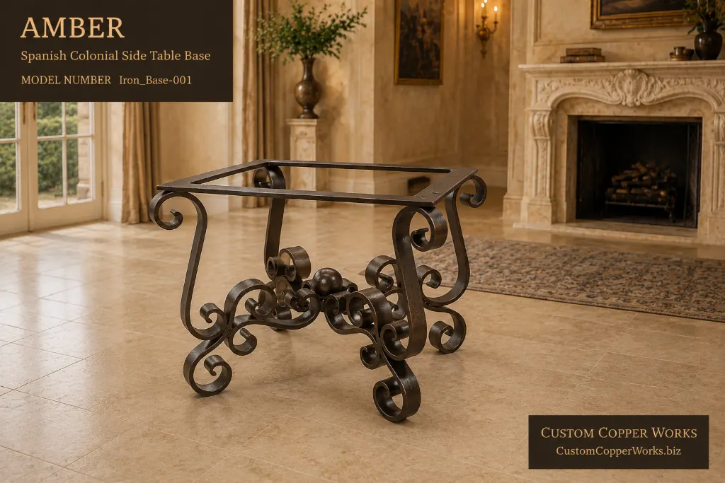 Amber hand-forged Spanish Colonial iron side table base with scrolled legs and ball center