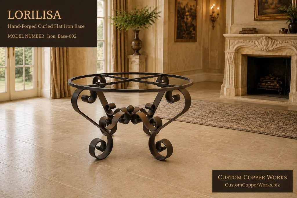 Lorilisa round hand-forged flat iron table base with curled feet and forged ball center