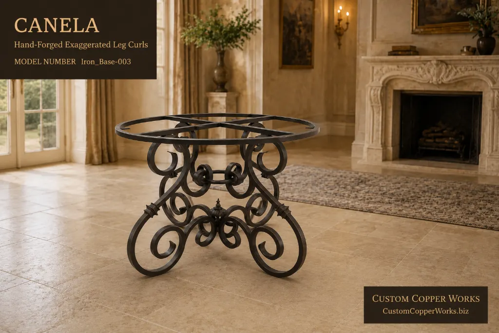 Canela round iron table base with exaggerated hand-forged leg curls and finial