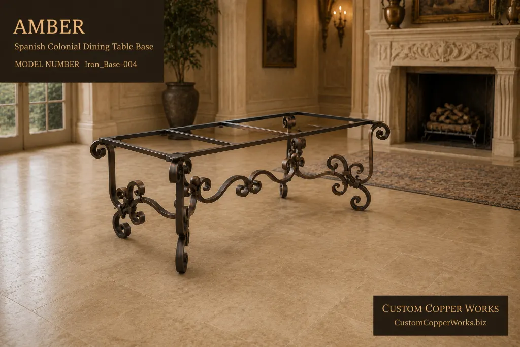 Amber Spanish Colonial forged iron dining table base with scrolled legs and center stretcher