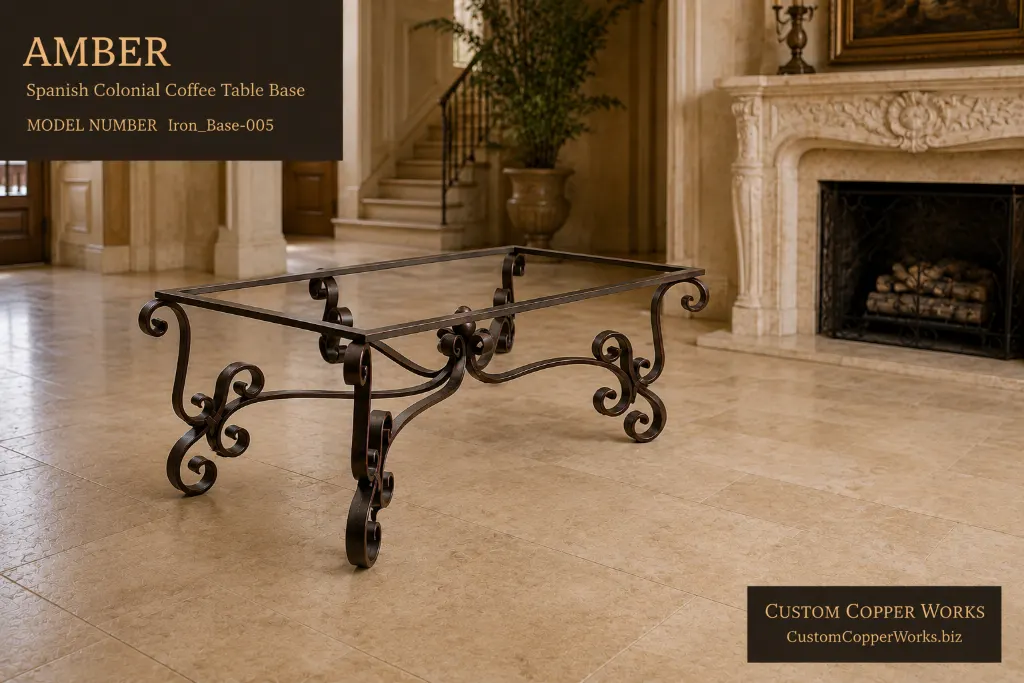 Amber Spanish Colonial forged iron coffee table base with scrolled legs