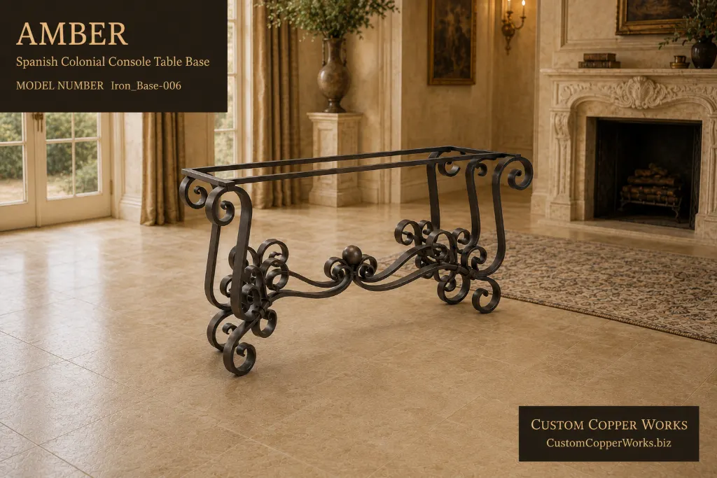 Amber Spanish Colonial forged iron console table base, narrow with scrolled legs