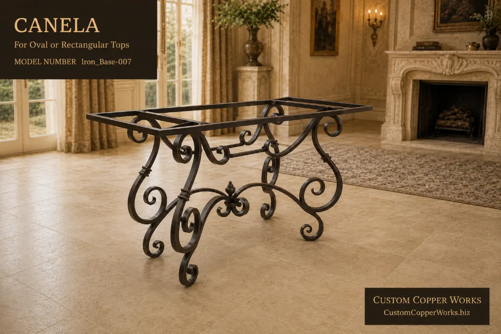 Canela forged iron table base for oval and rectangular copper tops with scrolled stretcher