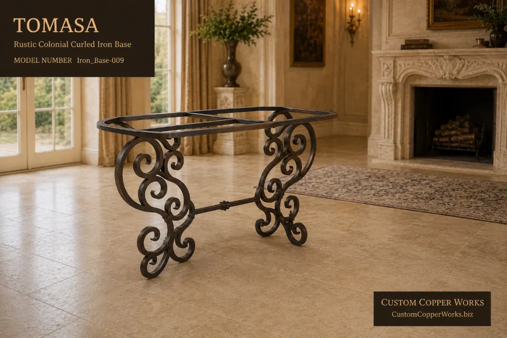 Tomasa rustic Colonial curled iron table base with open scrollwork end frames