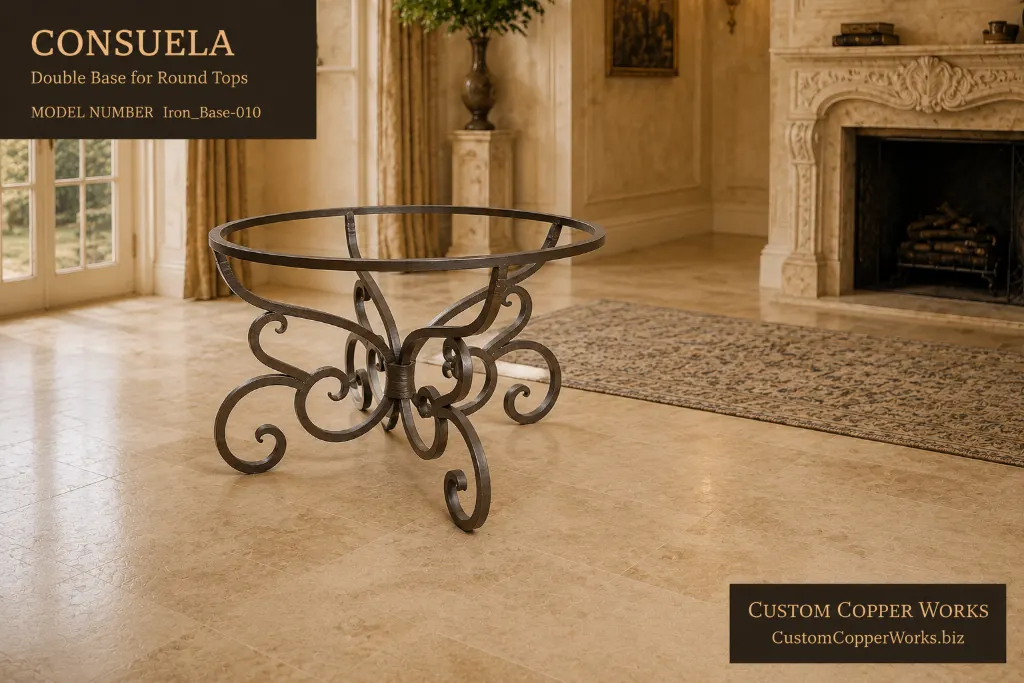Consuela double forged iron base for round copper tops with scrolled legs