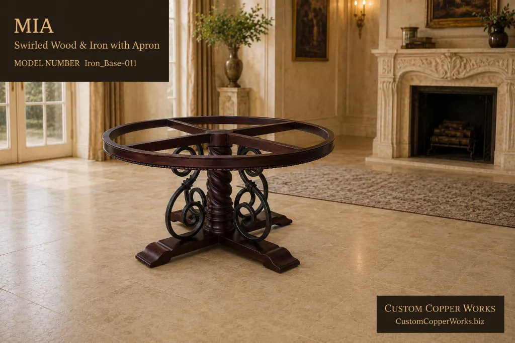 Mia swirled wood and forged iron pedestal base with round wood apron