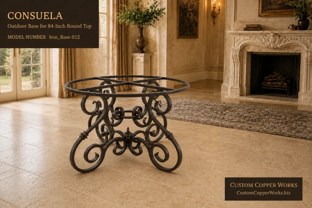 Consuela outdoor forged iron base for an 84-inch round copper top
