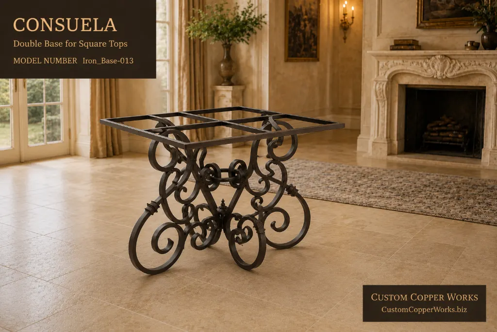 Consuela double forged iron base for square copper table tops