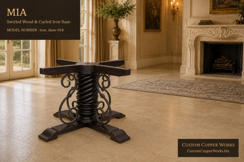 Mia swirled wood pedestal base with curled forged iron scrolls and four-arm foot