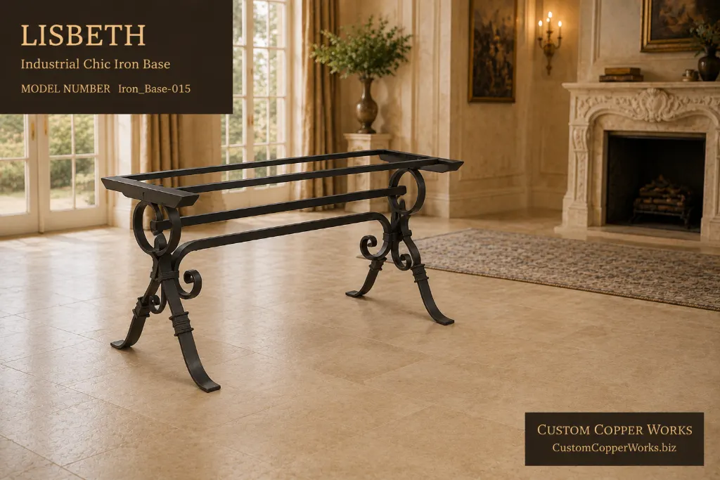 Lisbeth industrial chic iron table base with ring scrolls and flared feet
