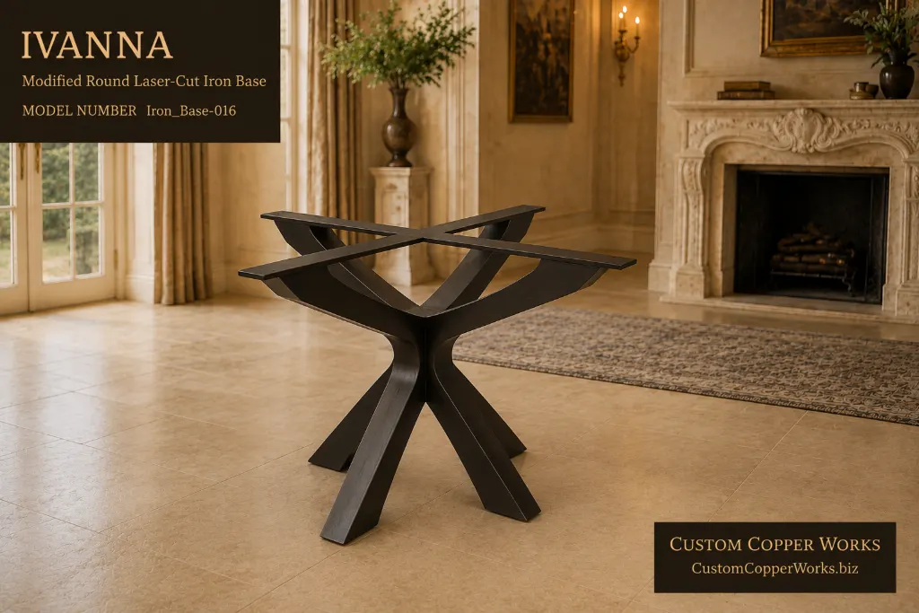 Ivanna modified round laser-cut iron base with crossed curved blades