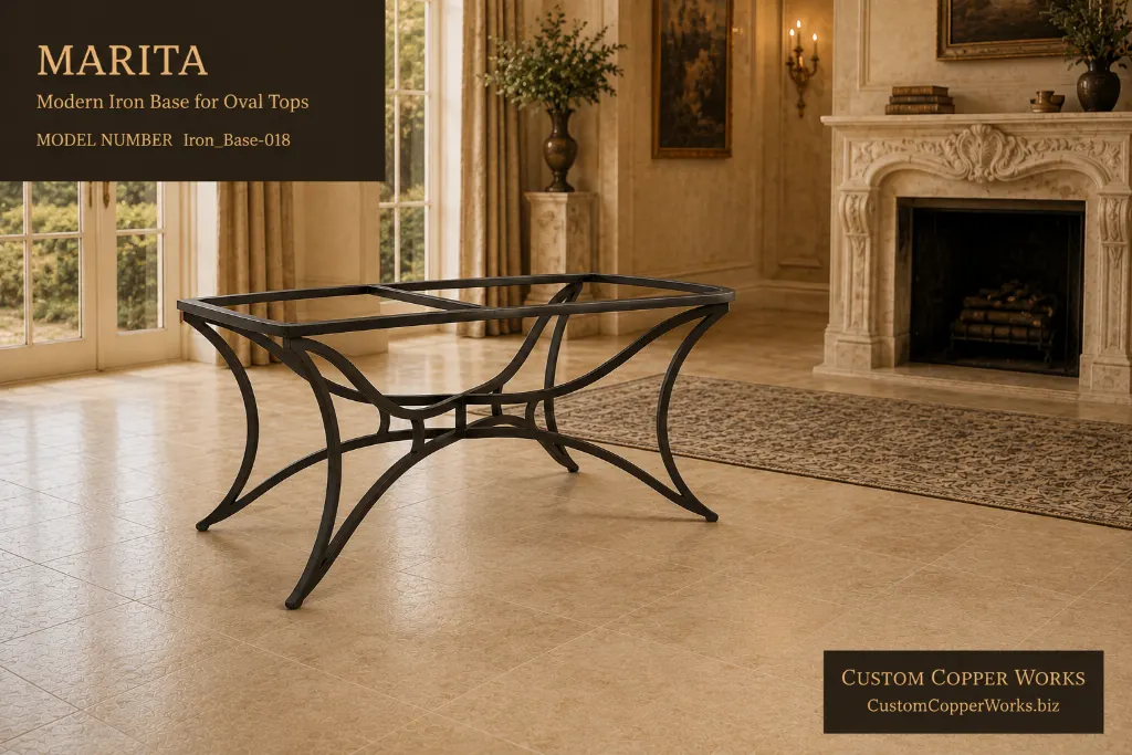 Marita modern iron base for oval copper tops with curved legs and arched stretchers