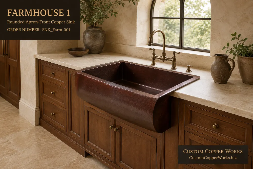 Rounded apron-front copper farmhouse sink installed in a stained oak cabinet with a bridge faucet