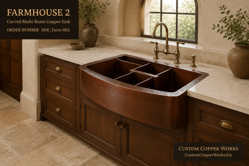 Curved multi-basin copper farmhouse sink with a hammered apron and interior dividers