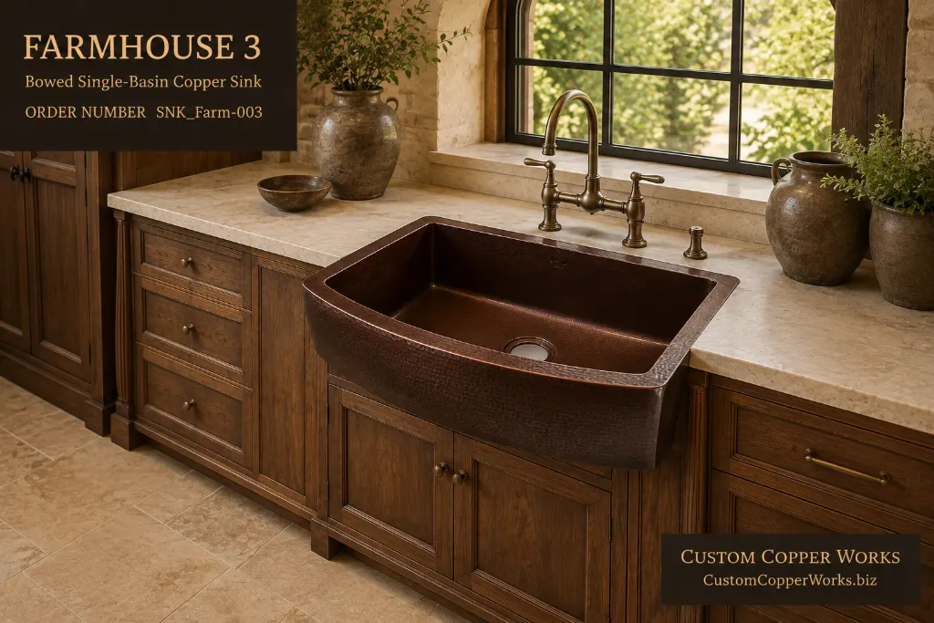Bowed single-basin copper farmhouse sink with a hammered apron and center drain