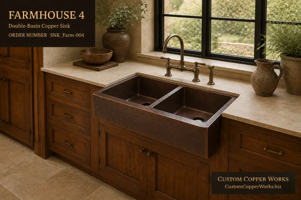 Copper double-basin farmhouse sink with a straight hammered apron and full-height divider
