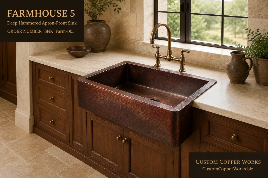 Deep hammered apron-front copper sink with a wide flat rim and single basin