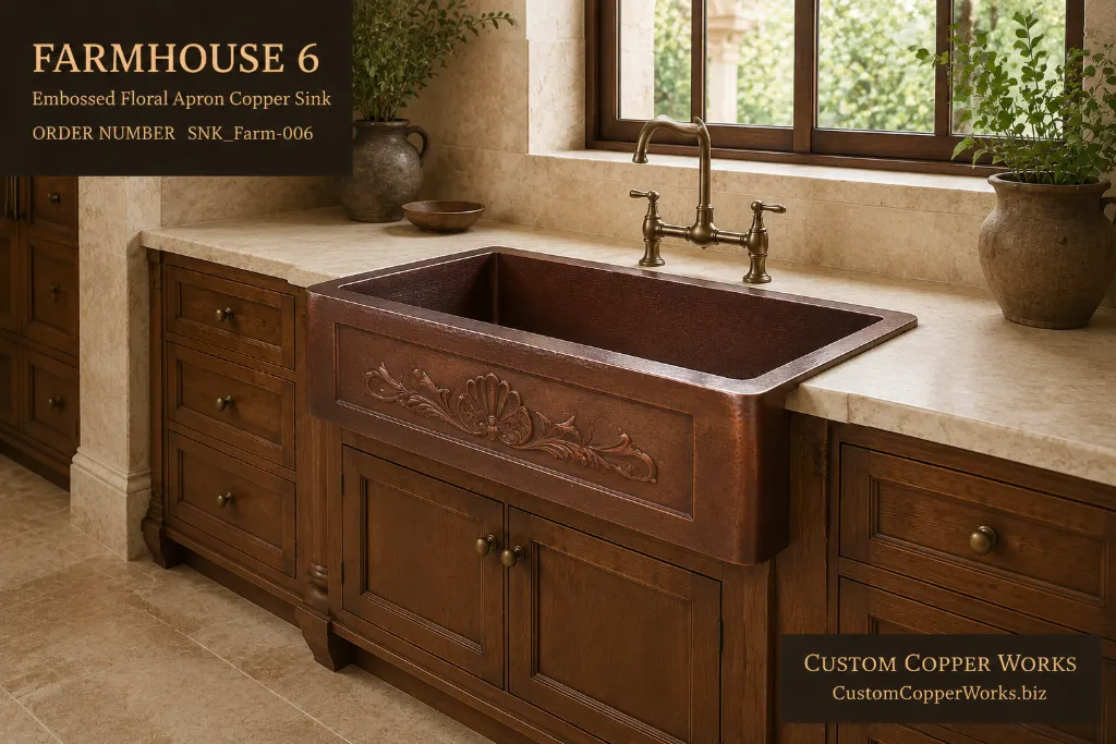 Embossed floral apron copper farmhouse sink with raised shell and scroll relief