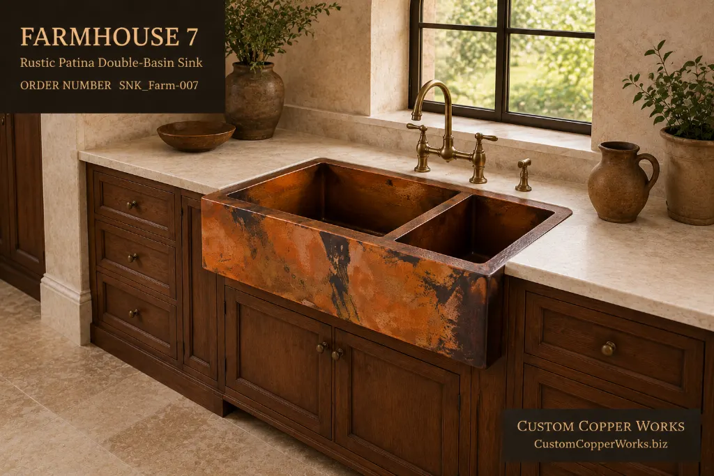 Rustic patina copper double-basin farmhouse sink with orange and black fire coloring
