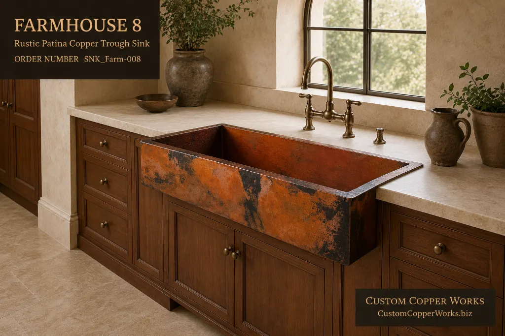 Rustic patina copper trough sink with a long single basin and fire coloring