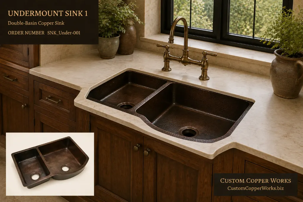 Undermount Sink 1, hammered copper double basin with a curved divider under a stone counter