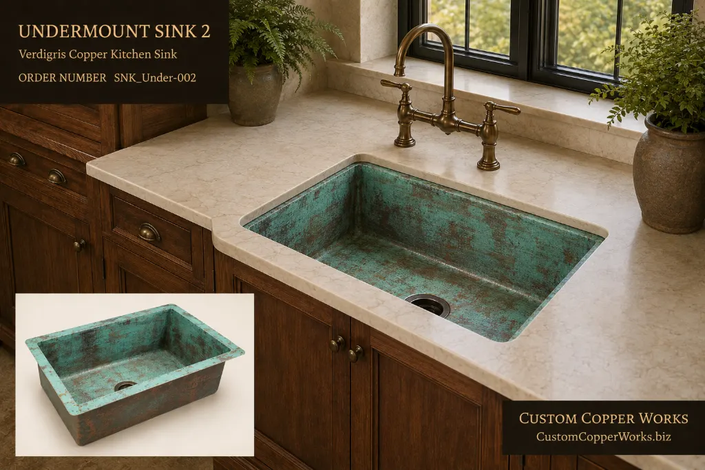 Undermount Sink 2, rectangular copper undermount kitchen sink with green verdigris patina